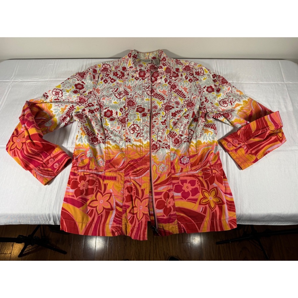 Chicos Floral Zip Front Jacket Red Orange Yellow Size 0 Small